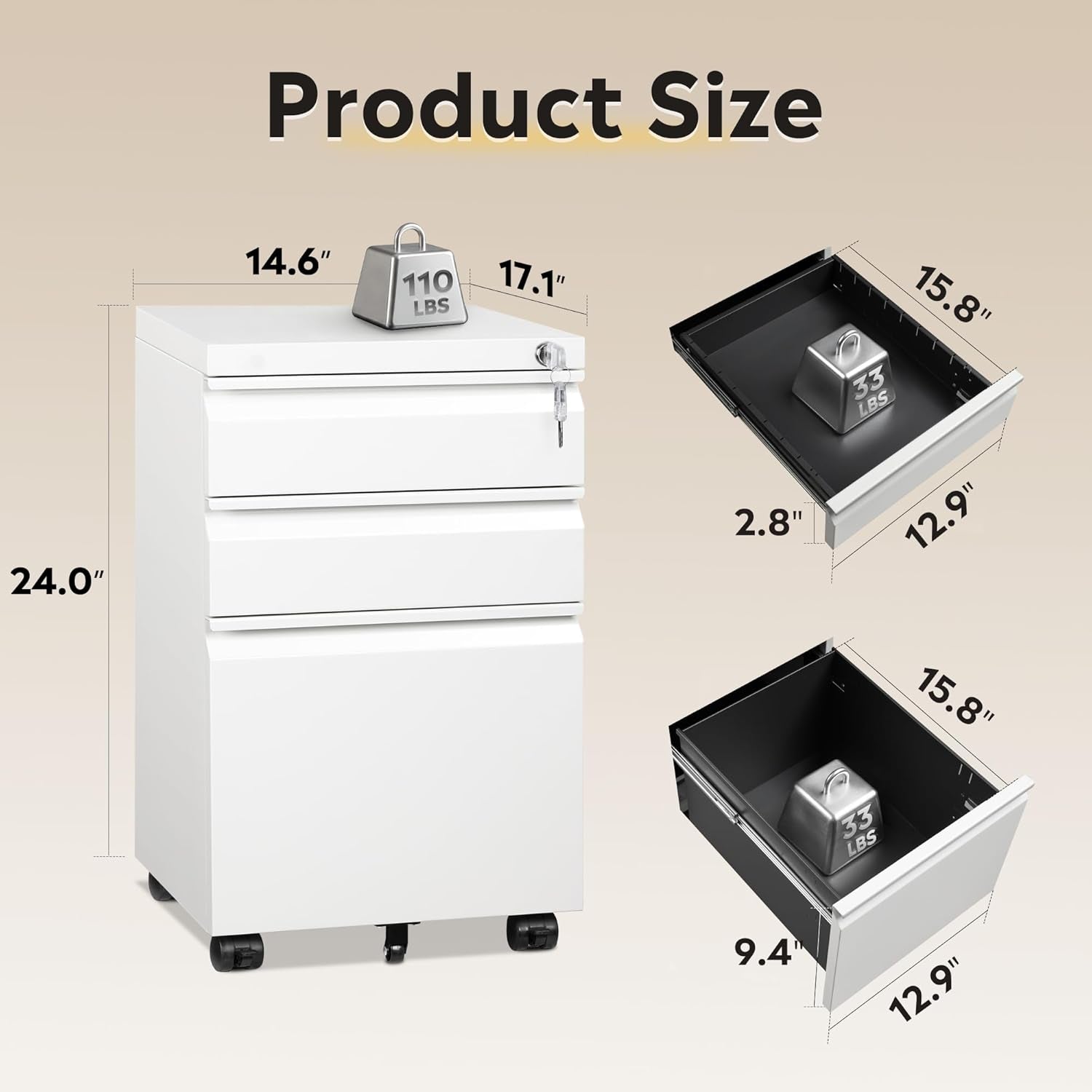 3 Drawer Mobile File Cabinet under Desk Office, Fully Assembled except Casters, Letter/Legal Size, White