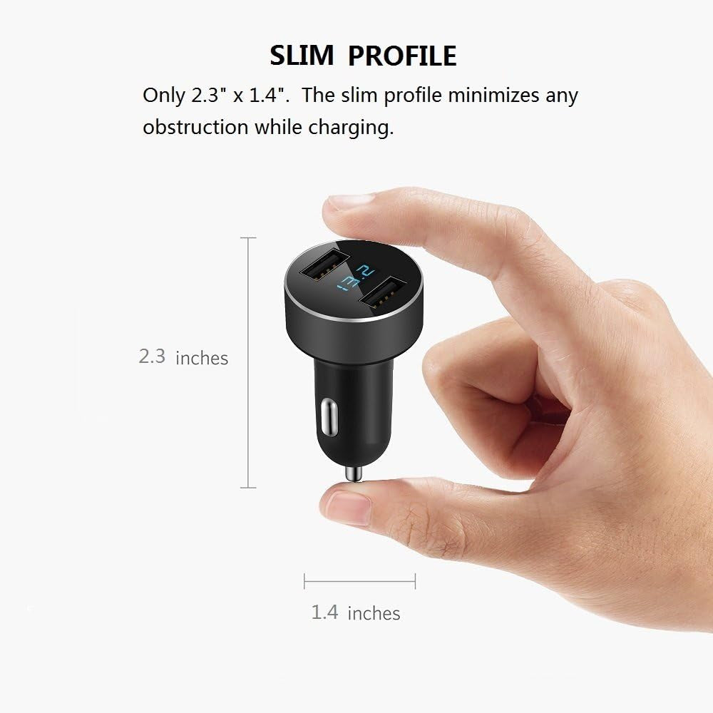 2 USB Car Charger,12V/24V Voltage Meter, Output 4.8A, Cigarette Lighter Plug Adapter Compatible with Iphone,Ipad, Samsung, USB Charging Devices, Black