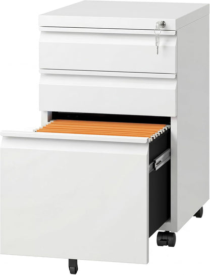 3 Drawer Mobile File Cabinet under Desk Office, Fully Assembled except Casters, Letter/Legal Size, White