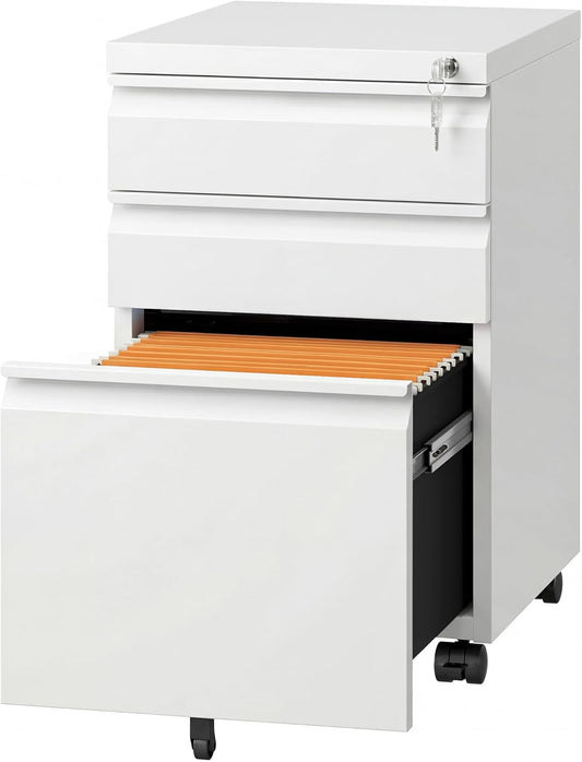 3 Drawer Mobile File Cabinet under Desk Office, Fully Assembled except Casters, Letter/Legal Size, White