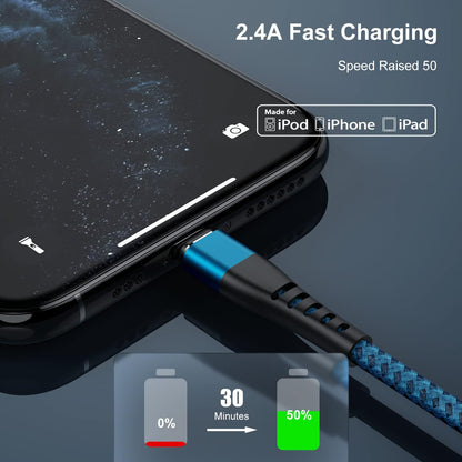 Apple MFI Certified 3 Pack Iphone Charger 3Ft,  Long Lightning Cable Strong Nylon Braided Charging Cable 3 Foot, Fast Iphone USB Cord for Apple Iphone11/ X/Xs/Xr/8/7/6/5S/Se/Ipad Mini Air（Blue）
